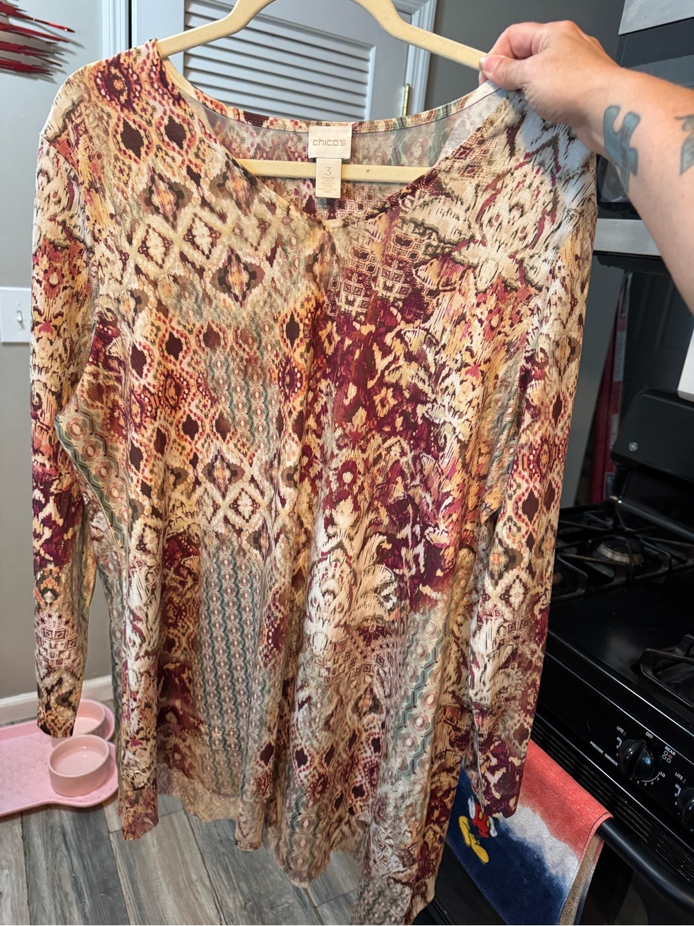 Chico's Beige and Burgundy Printed Tunic with Teal Accents